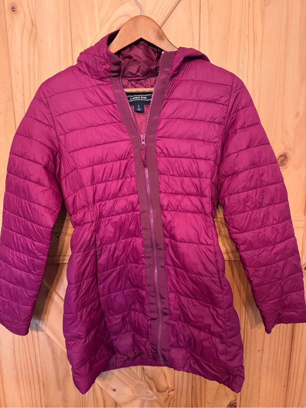 Lands' End Women's Hooded Packable Puffer Jacket - Berry Plum